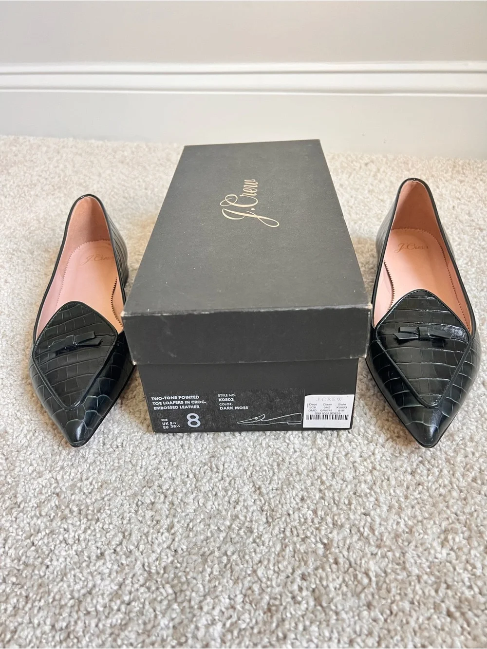 J. Crew Dark Moss Croc-Embossed Pointed-Toe Loafers size 8